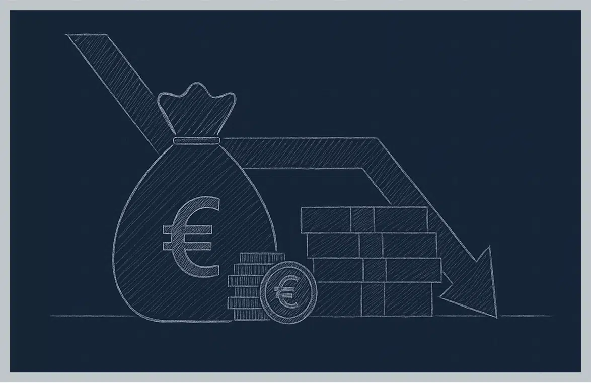 Illustration mit Geldsack, Münzen und Pfeil nach unten als Symbol für Kostensenkung in der Logistik