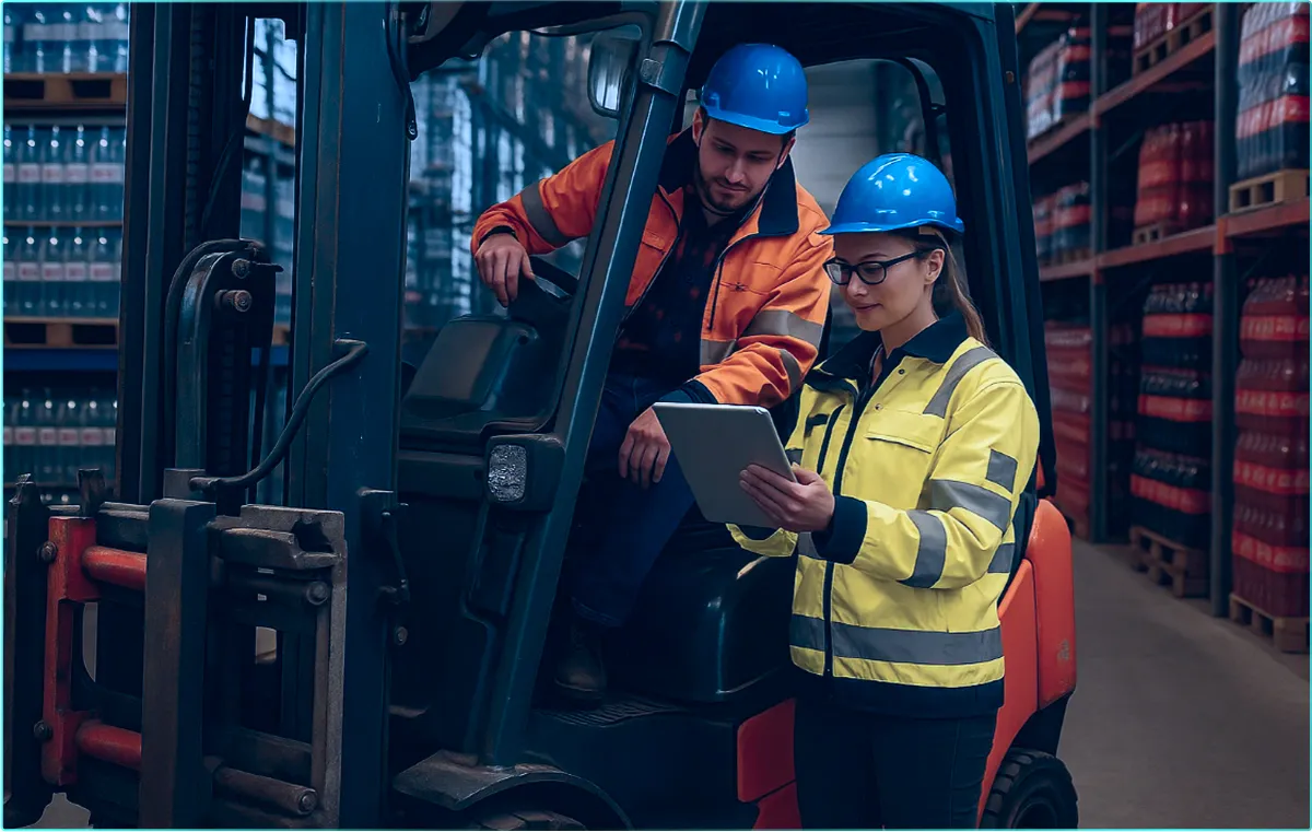 Logistikmitarbeiter mit Tablet und Gabelstapler bei Planung in moderner Getränkehalle